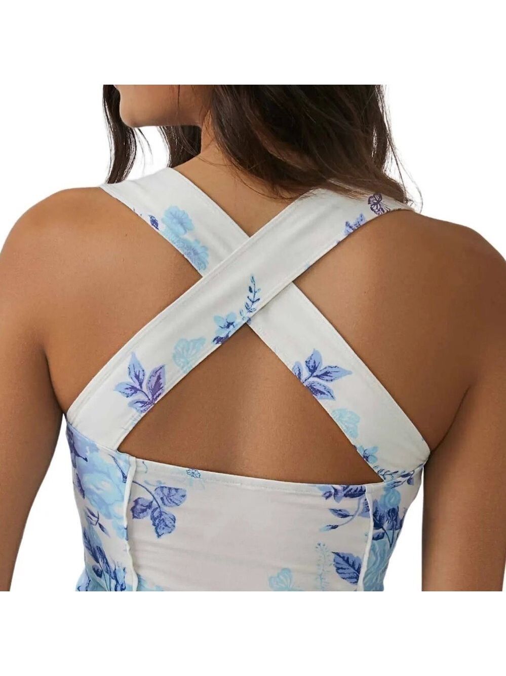 FREE PEOPLE Floral Ginger Snap Crossback Tank Blue & Ivory Combo - Picture 5 of 9